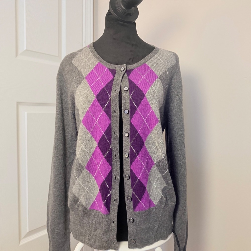 Vintage Apt 9 100% Cashmere Argyle Cardigan Sweater Preppy Purple Gray SZ L